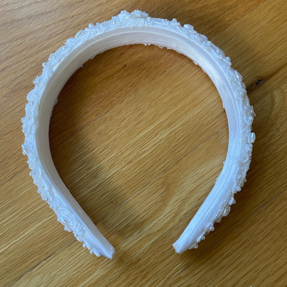 Girls Elegant White Beaded Satin Headband